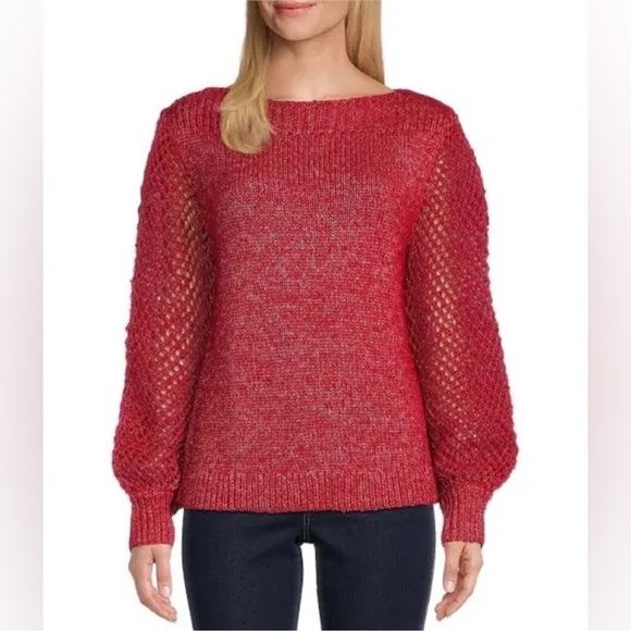 Tommy Bahama Sweaters - NWT Tommy Bahama Shimmer Balloon Sleeve Bateau Sweater Tango Red Metallic Wool